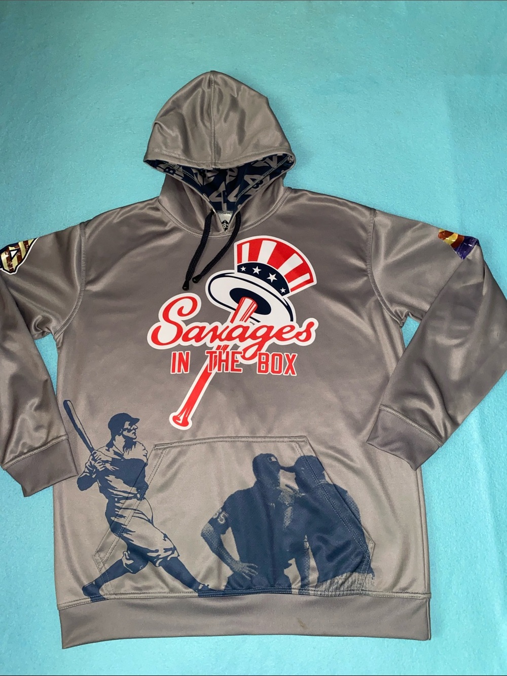 Yankees Savages In The Box graphic hoodie sweatshirt gray red white blue size SM
